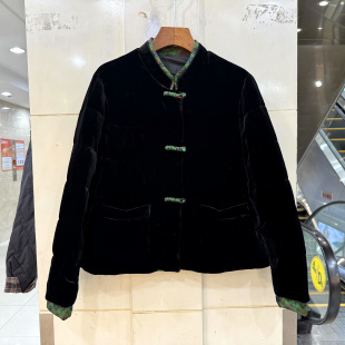 89A619 真丝丝绒鹅绒羽绒服冬 复古花色拼接盘扣立领高端洋气短装