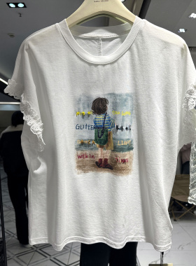卡缇秀L38557H 卡通字母图案蕾丝花边飞飞袖休闲减龄T恤上衣夏装