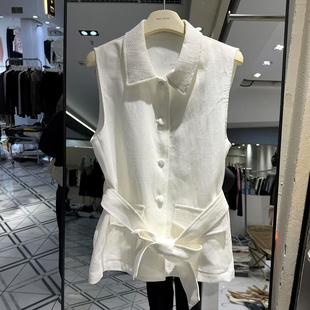 小香风翻领单排扣系带收腰韩系减龄亚麻马甲外套欧货春 钰柜9088