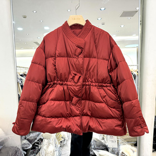 印象秋水927 糖果蝴蝶结三粒扣立领抽绳收腰一手长仿醋酸羽绒服冬