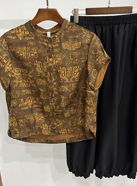 TFN262-7511 复古花色国风短衬衫上衣+花苞九分裤两件套欧货夏