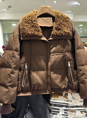 CZ25901 羊羔毛大翻领束口袖拉链口袋休闲加厚短装羽绒服欧货冬装