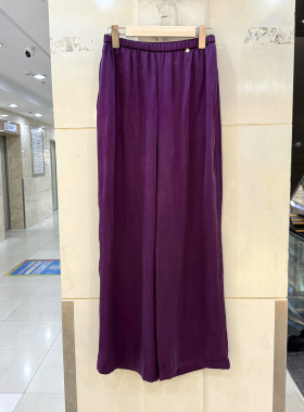 凡爱6120 一粒贝壳扣松紧高腰舒适百搭洋气仿铜氨丝直筒裤女裤夏