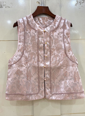 72102 蕾丝刺绣花边腰果花提花圆领单排扣国风马甲外套春装2026女