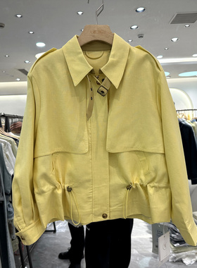 韩伊雪H2632 时尚拼皮扣翻领抽绳收腰休闲小个天丝亚麻外套欧货春