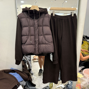 芷炫8369 加绒拉链连帽卫衣开衫羽绒马甲+直筒裤休闲运动三件套冬