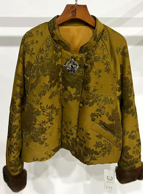 NMG265-12799 复古刺绣提花水貂毛袖口立领国风短装鹅绒羽绒服冬