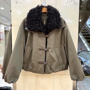 鹅绒羽绒服派克服冬装 D52752 羊羔毛大翻领门禁毛牛角扣休闲短装