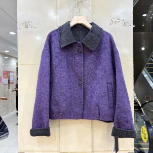 艾尔菲洋26A-C8686 撞色翻领单排扣休闲短装双面羊毛呢大衣外套冬
