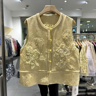 2603 旭雅婷X 串珠镶钻订花朵人丝亚麻国风马甲外套欧货春装