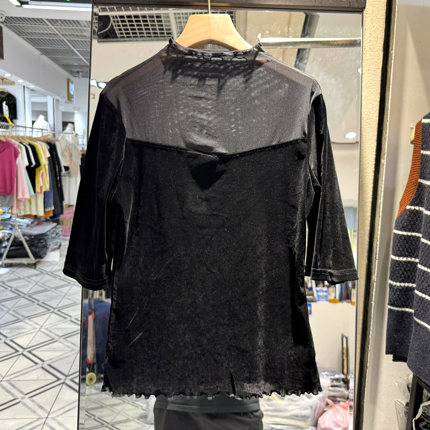 HMY30805网布拼接丝绒小衫