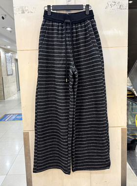 33-99609 抽绳松紧腰加绒加厚休闲仿羊绒条纹直筒裤女裤欧货冬