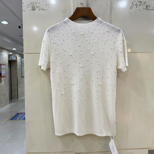 弹力修身 7506 重工满身订珍珠烫钻立领短袖 上衣春夏 天丝针织衫