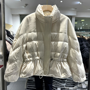 立领羊毛呢拼接抽绳腰小个短羽绒服 2025时尚 雅琪娜G172 欧货冬装