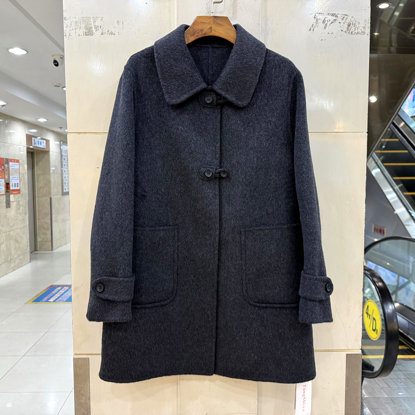 糖诗8619 时尚翻领双排四粒扣大口袋休闲小个中长双面羊毛呢大衣