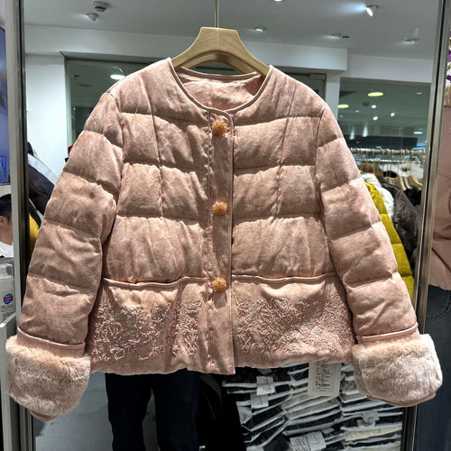 CZ25917兔毛袖口国风短羽绒服