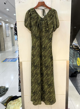 D6101 时尚飘带前后V领修身高腰腰果花真丝长款连衣裙欧货夏装