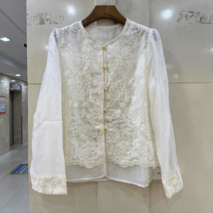 33-T6220 珍珠边圆领亮片蕾丝刺绣花清新减龄国风天丝棉衬衫春装