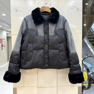 羽绒服冬 口毛复古牛仔拼接减龄短装 罗琳格L25877 仿水貂毛翻领袖