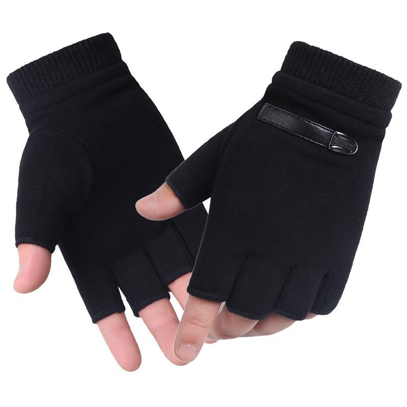 手套男秋冬半指手套男女保暖加绒厚户外开车骑行学生露指运动防滑