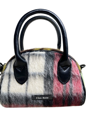 Chaos Monster千禧复古风包包 格纹呢料mini波士顿包冬天斜挎小包