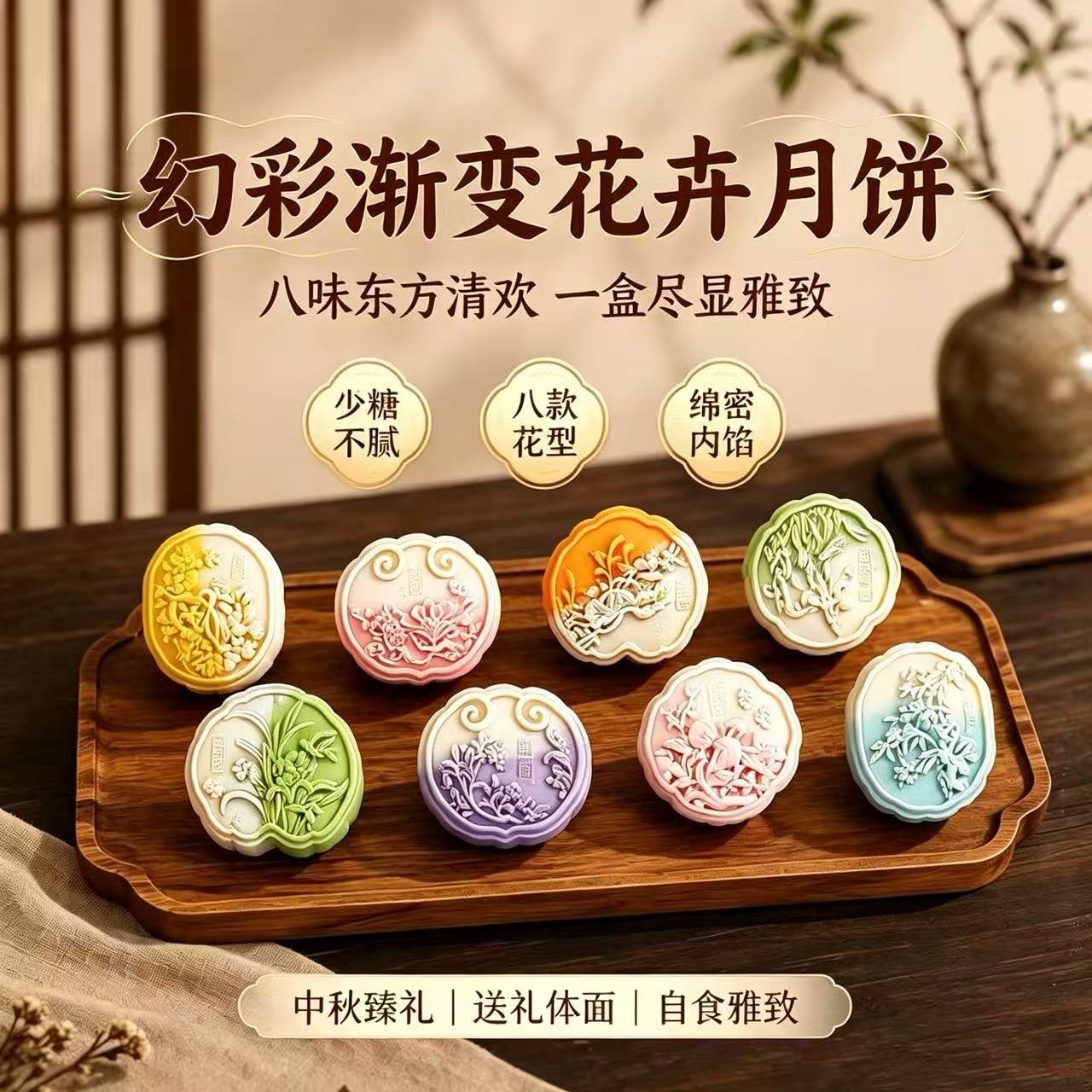 国潮古风立体浮雕花型渐变桃山皮月饼新中式花卉雕刻立体造型月饼