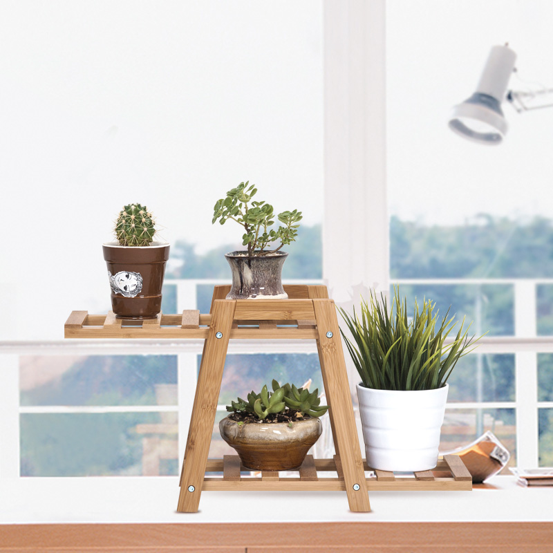 宜家风格桌面花架室内竹木落地架子阳台客厅置物架田园多肉花盆架