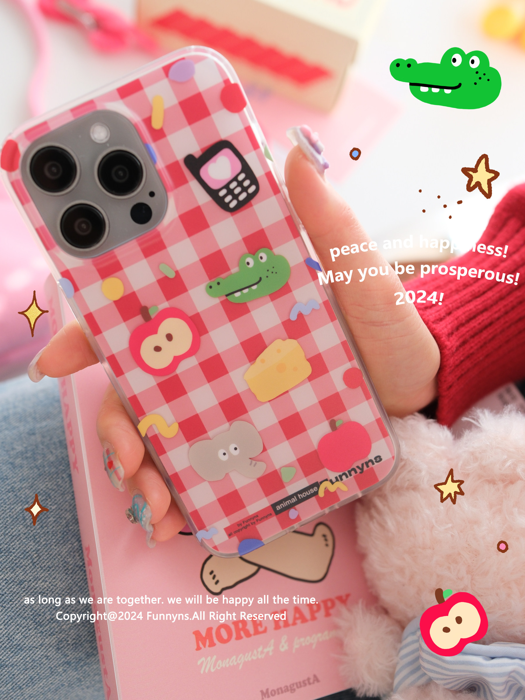 新年红色棋盘格童趣双面图案imd可爱糖果小动物苹果iPhone16promax 15pro 软边手机壳14手机壳