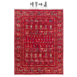 视觉味道进口手工打结红色地毯羊毛编织美式 客厅高级感无甲醛地垫