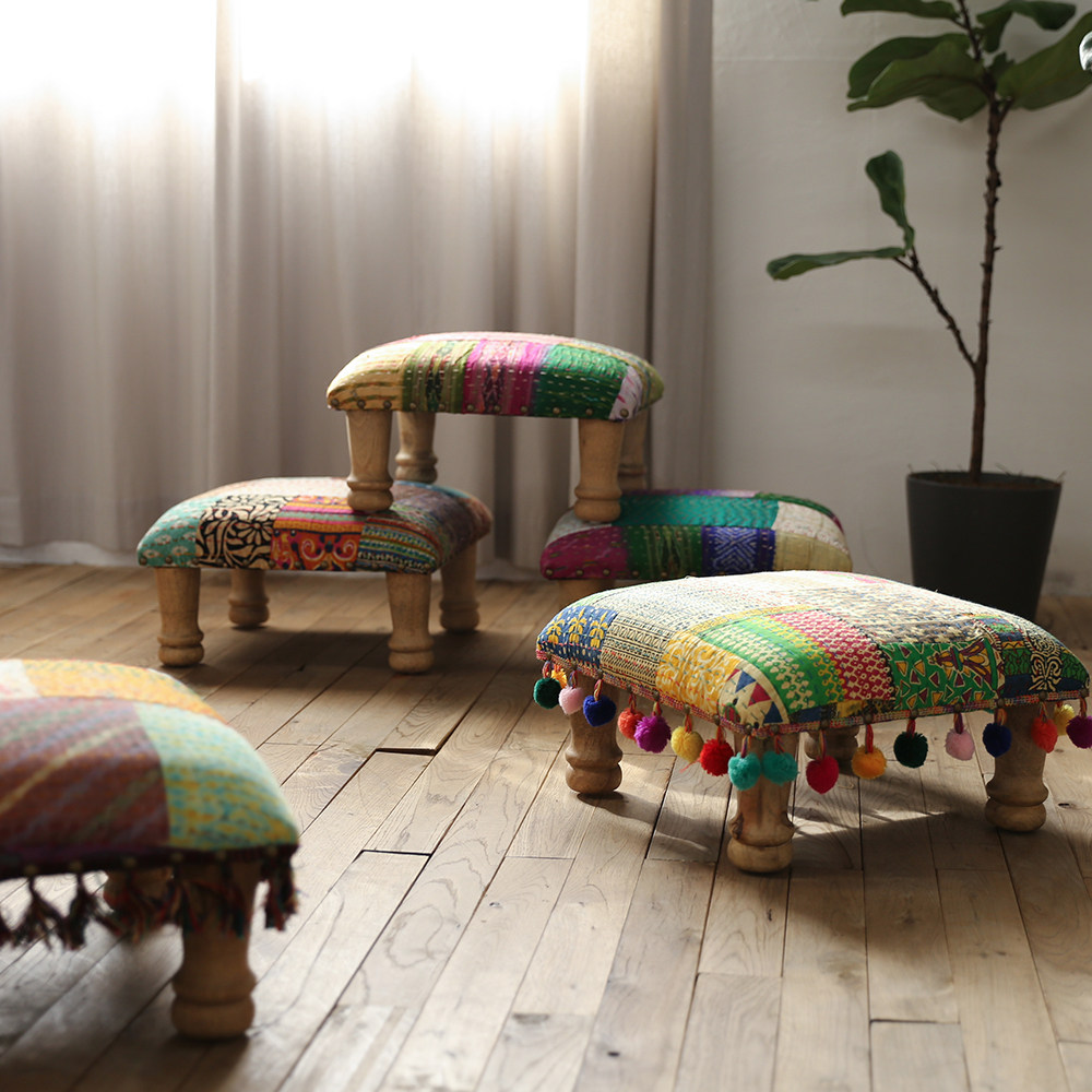 印度进口手工拼接绗缝棉布 波西米亚东南亚北欧家用软包凳子矮凳,住宅家具,矮凳,淘宝优惠券,粉丝福利购,淘宝优惠卷