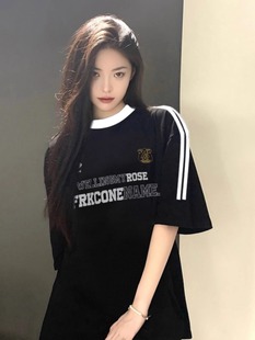宽松情侣设计感上衣潮 纯棉美式 三条杠黑色短袖 t恤女2025新款 夏季