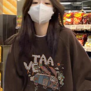 设计感小众上衣 爆款 纯棉美式 棕色圆领卫衣女秋冬加绒加厚2025新款