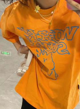 橙色短袖t恤女2025新款夏季宽松美式oversize宽松半袖小个子上衣