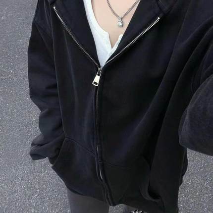 纯棉拉链开衫卫衣外套女春秋冬季加绒加厚连帽宽松小个子薄款上衣