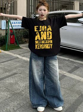 纯棉美式复古黑色短袖t恤女夏季高街潮牌宽松慵懒chic半袖上衣服