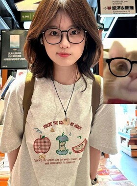 灰色纯棉韩系ins格纹苹果印花短袖T恤女夏季宽松百搭减龄半袖上衣