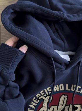 纯棉藏蓝色连帽卫衣女秋冬加绒加厚美式宽松oversize春秋薄款外套