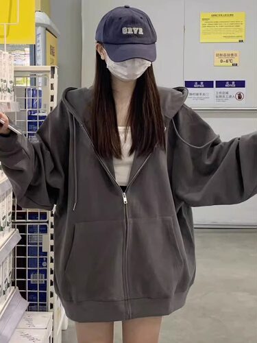 宽松纯棉韩系慵懒风拉链连帽卫衣