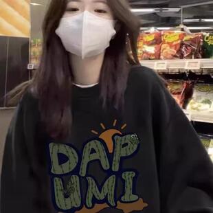 纯棉美式复古黑色圆领卫衣女秋冬加绒加厚宽松oversize慵懒风上衣