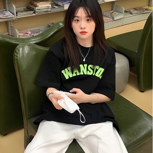设计感上衣 黑色纯棉短袖 t恤女夏季 美式 高街潮牌慵懒宽松百搭半袖