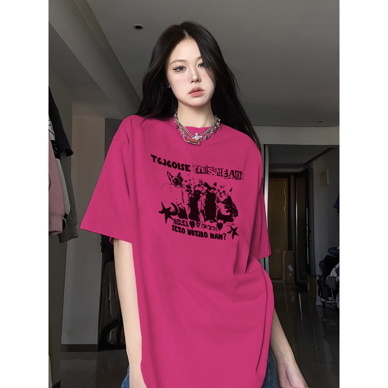 火龙果色短袖t恤女2025新款夏季多巴胺穿搭美式半袖设计感上衣潮