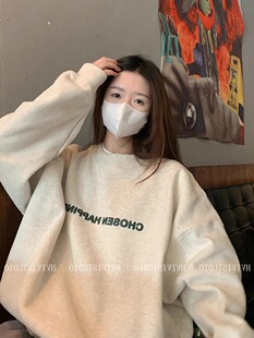 灰色圆领卫衣女宽松春秋冬季加绒加厚款高级感港味chic慵懒风上衣