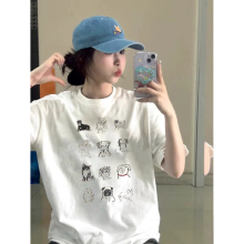 纯棉小狗印花白色短袖t恤女2025新款夏季宽松百搭美式半袖上衣ins