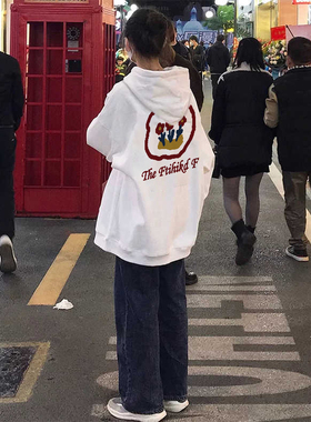 纯棉白色卫衣女2022新款秋冬加绒加厚oversize宽松连帽外套潮ins