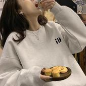 纯棉花灰色圆领卫衣女秋冬加绒加厚美式 宽松无帽小个子套头上衣潮