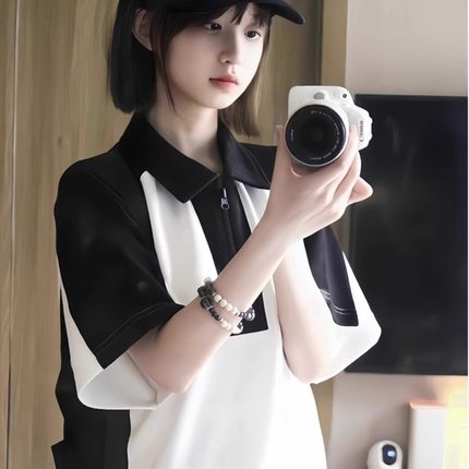 纯棉polo衫短袖t恤女2025新款夏季学生宽松半袖设计感翻领上衣ins