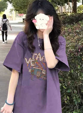 紫色纯棉短袖t恤女2025新款爆款夏季美式宽松设计感小众半袖上衣