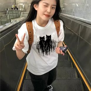体恤上衣 白色正肩纯棉短袖 t恤女2025新款 夏季 宽松设计感小众半袖