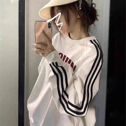 美式国潮牌字母印花三条杠圆领卫衣女秋冬加绒加厚宽松设计感外套