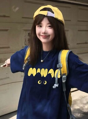 藏蓝色纯棉短袖美式趣味卡通字母猫咪T恤女夏季减龄宽松上衣小众